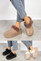 KHAKI FAUX FUR LINED MULES COMFY PLATFORM SLIPPERS