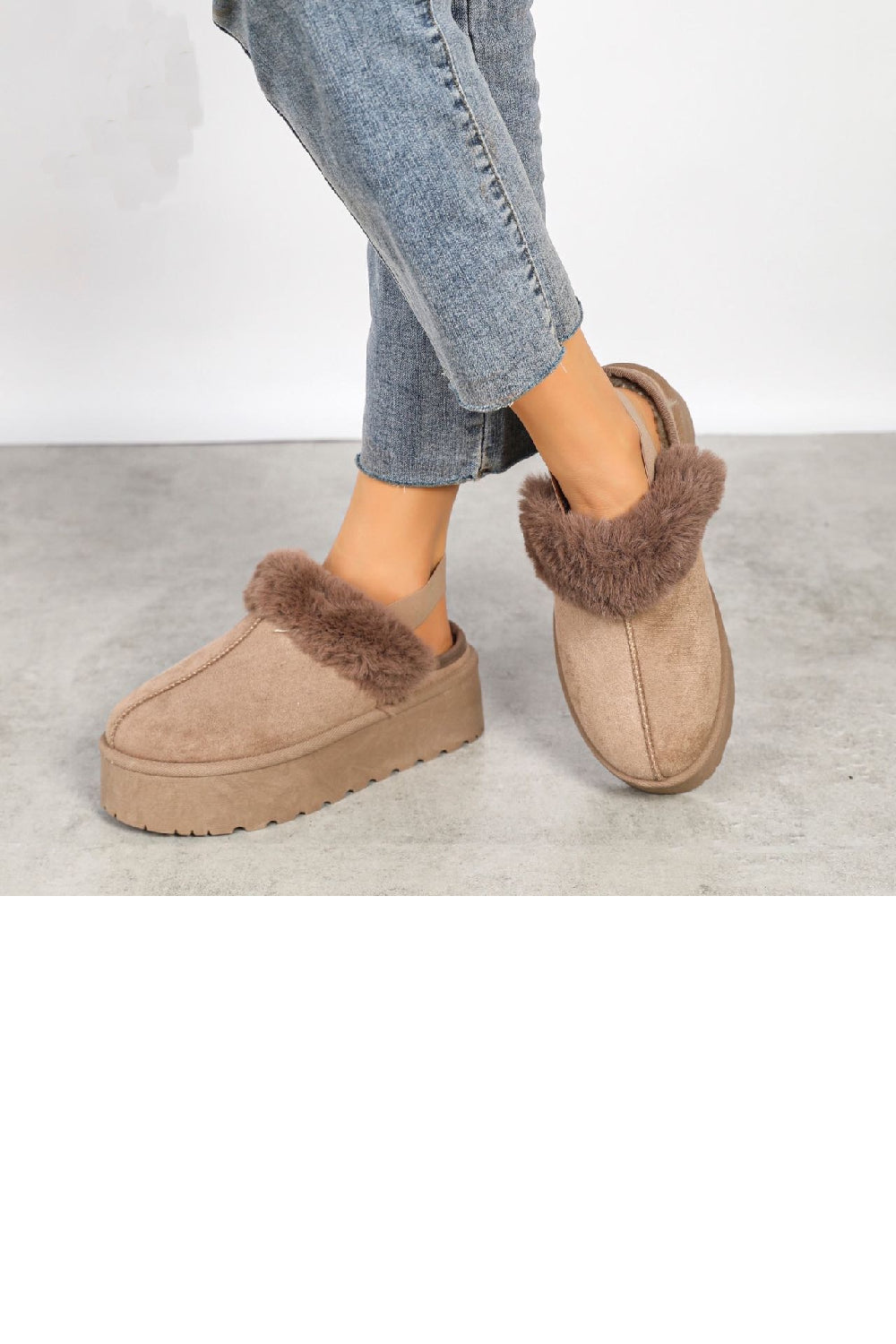 KHAKI FAUX FUR LINED MULES COMFY PLATFORM SLIPPERS