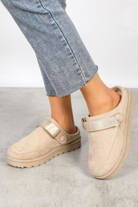 BEIGE FAUX SUEDE STRAPPY CLOGS SLIP ON MULES