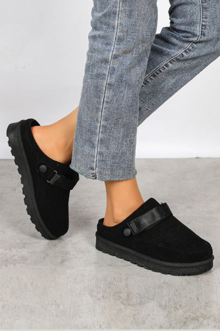 BLACK FAUX SUEDE STRAPPY CLOGS SLIP ON MULES