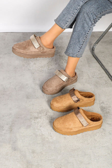 CAMEL FAUX SUEDE STRAPPY CLOGS SLIP ON MULES