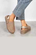 KHAKI FAUX SUEDE STRAPPY CLOGS SLIP ON MULES SLIPPERS