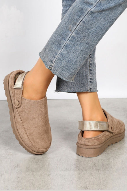 KHAKI FAUX SUEDE STRAPPY CLOGS SLIP ON MULES