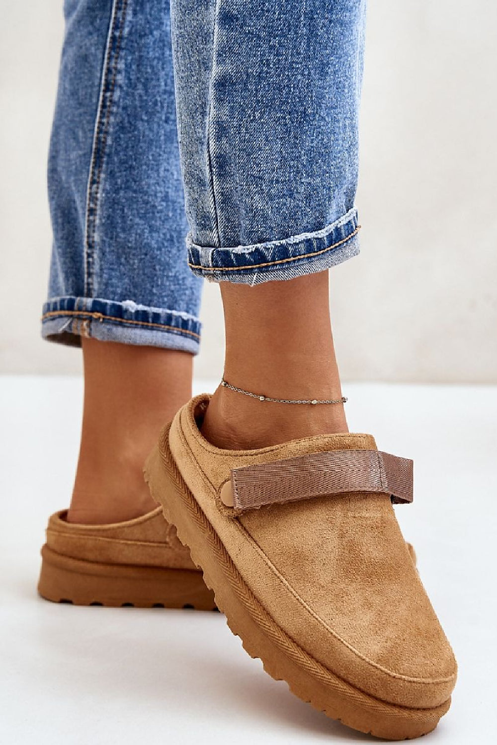 CAMEL FAUX SUEDE STRAPPY CLOGS SLIP ON MULES SLIPPERS