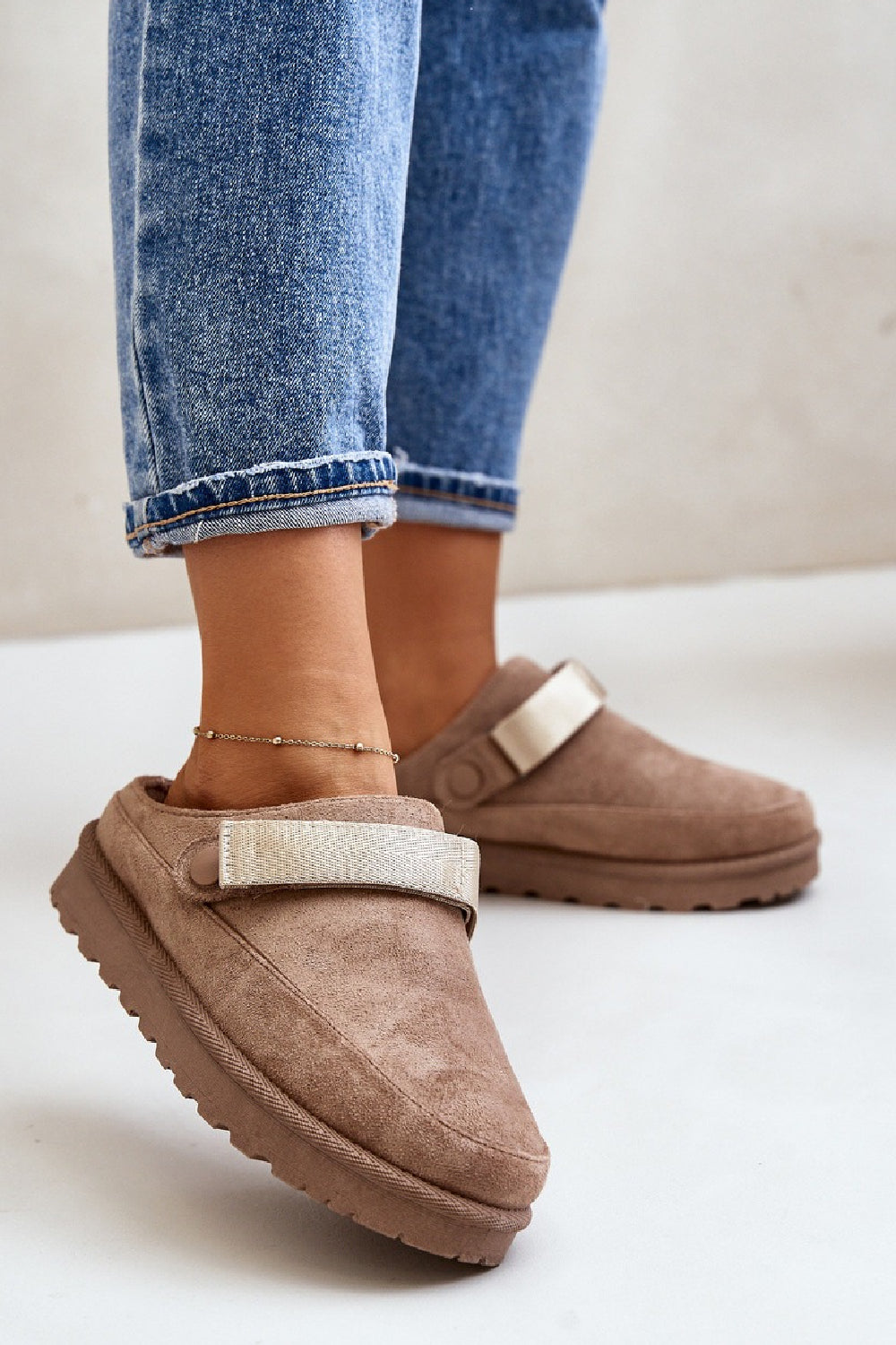 KHAKI FAUX SUEDE STRAPPY CLOGS SLIP ON MULES SLIPPERS