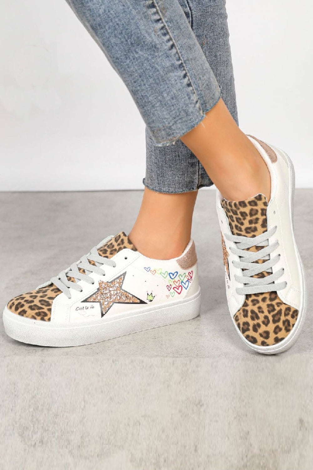 CHAMPAGNE LEOPARD LACE UP SIDE DETAIL CHUNKY FLAT TRAINERS