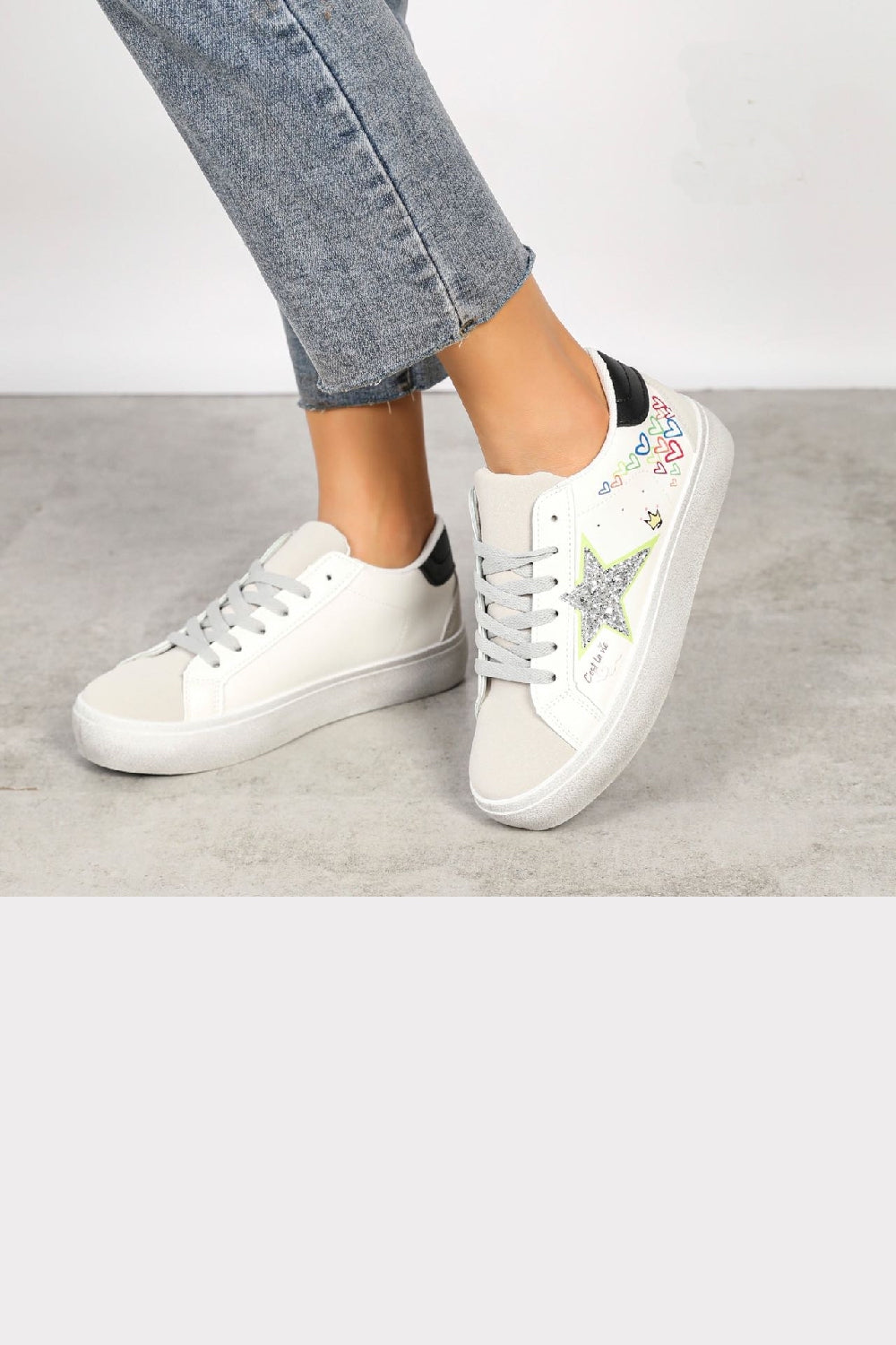 WHITE BLACK LACE UP SIDE DETAIL CHUNKY FLAT TRAINERS