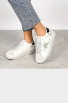 WHITE BLACK LACE UP SIDE DETAIL CHUNKY FLAT TRAINERS