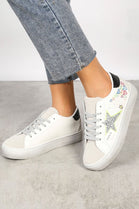 WHITE BLACK LACE UP SIDE DETAIL CHUNKY FLAT TRAINERS