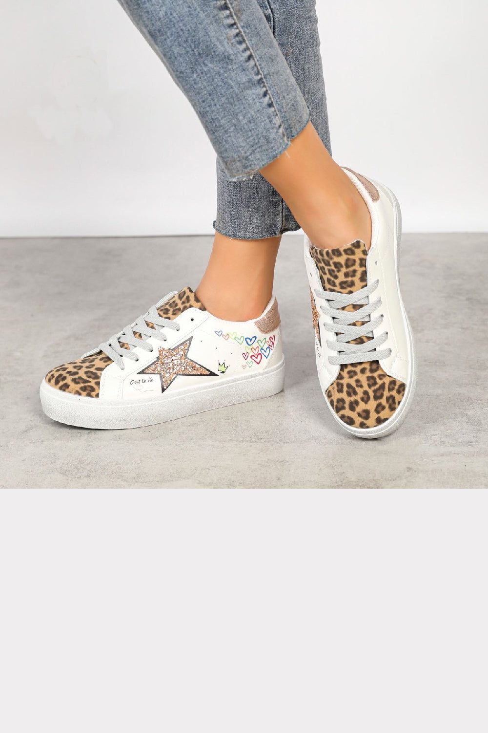 CHAMPAGNE LEOPARD LACE UP SIDE DETAIL CHUNKY FLAT TRAINERS