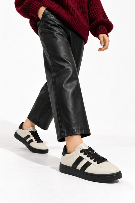 Double Stripe Low Top Trainers In Beige & Black | Wholesale