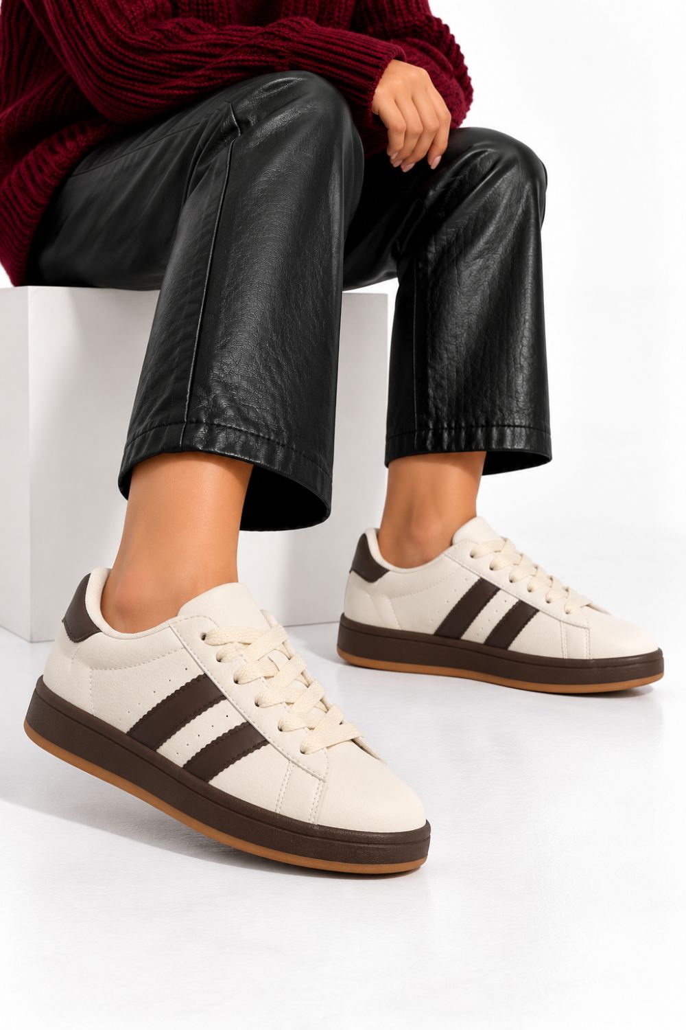 Double Stripe Low Top Trainers In Beige & Brown | Wholesale