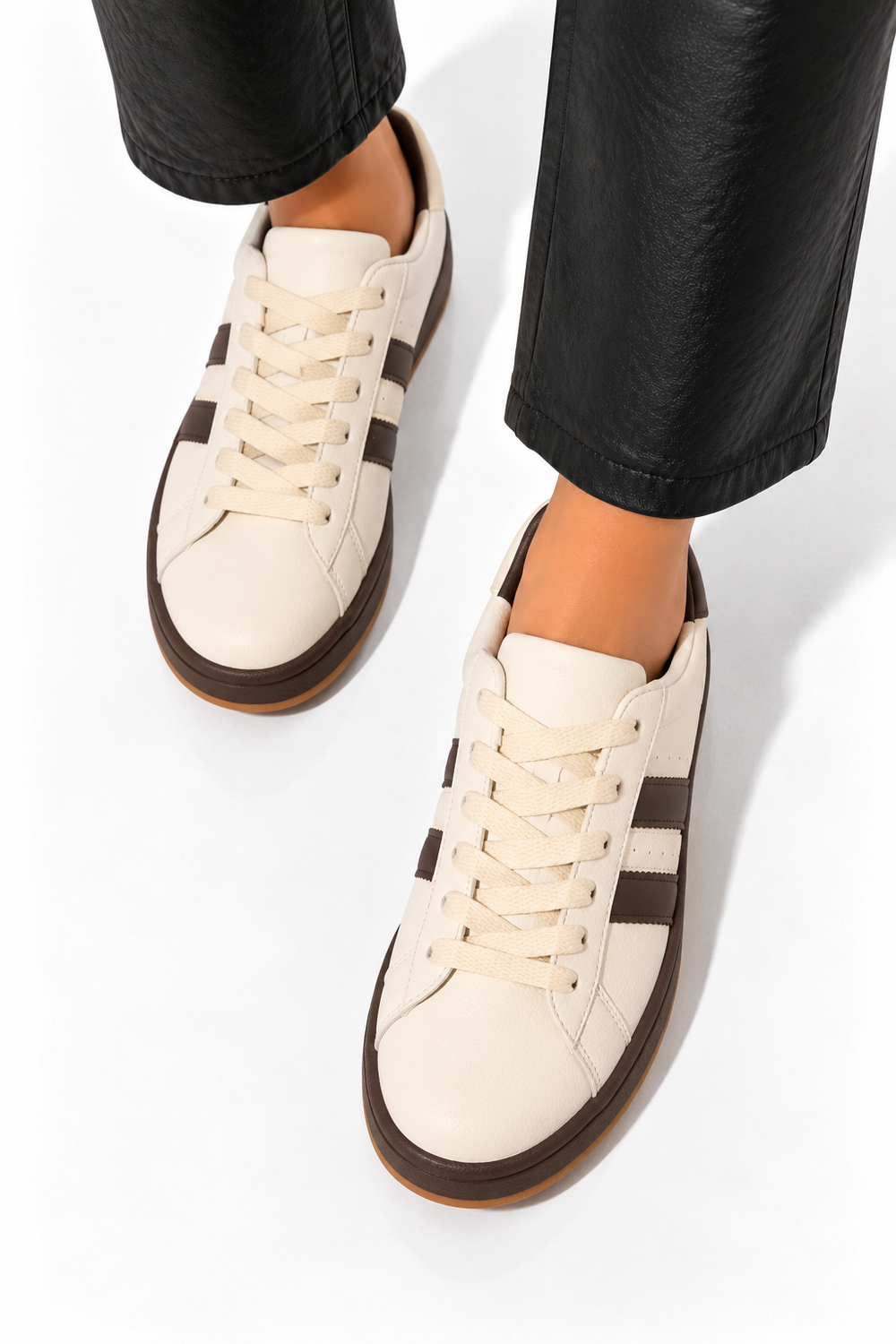 Double Stripe Low Top Trainers In Beige & Brown | Wholesale