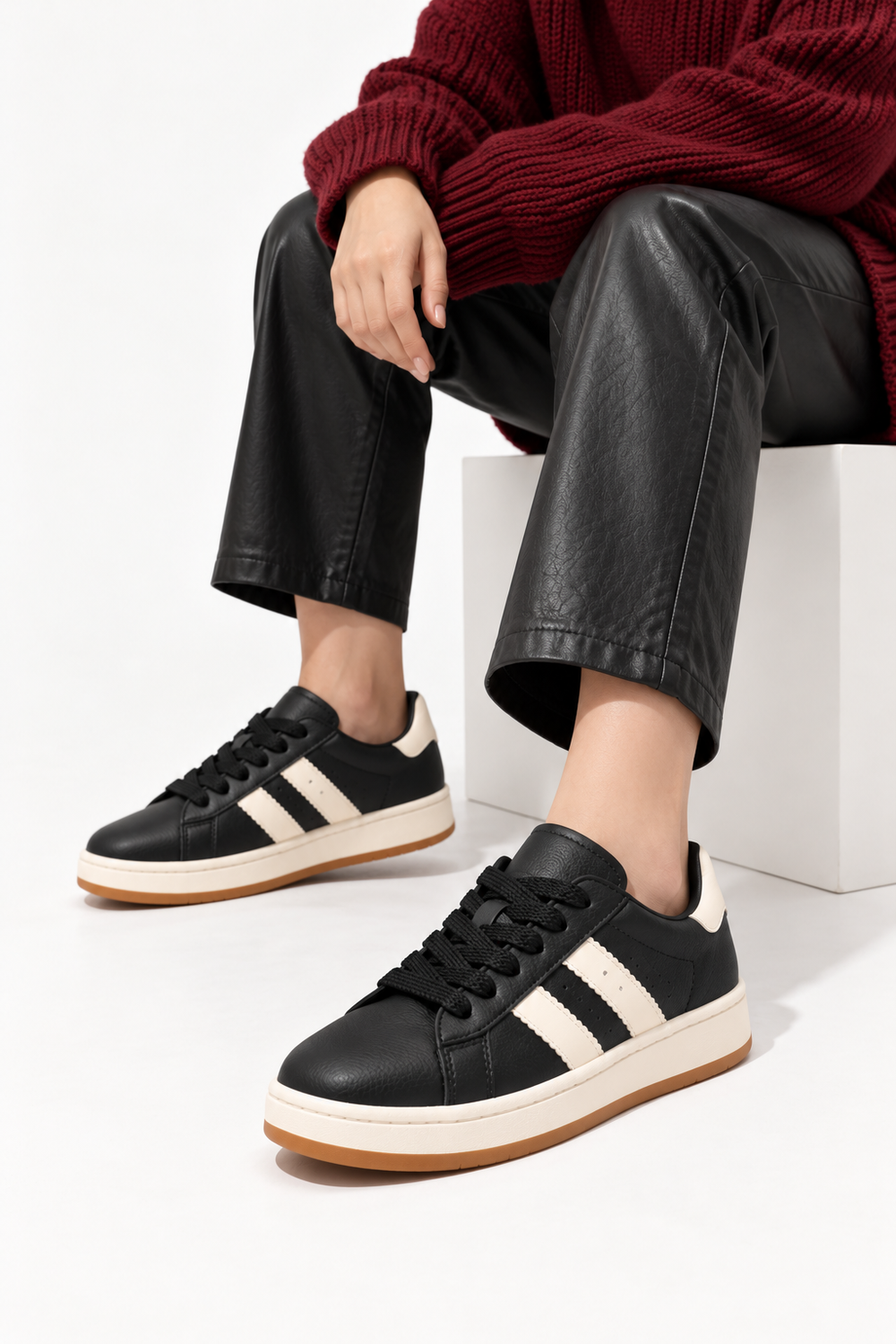 Double Stripe Low Top Trainers In Black | Wholesale
