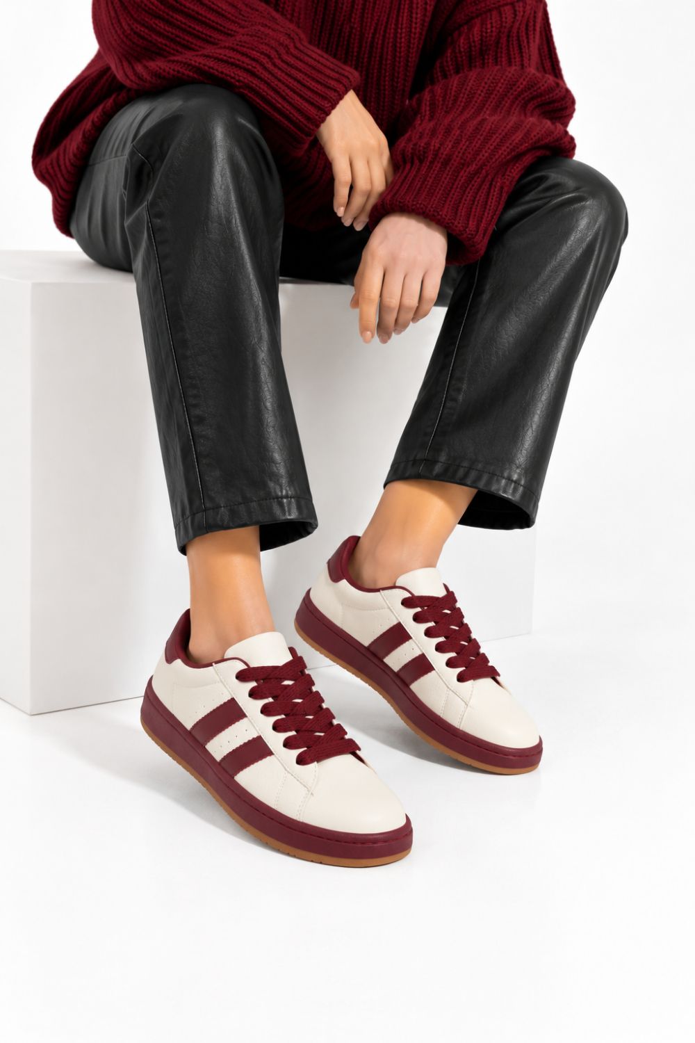 Double Stripe Low Top Trainers In Wine | Wholesale