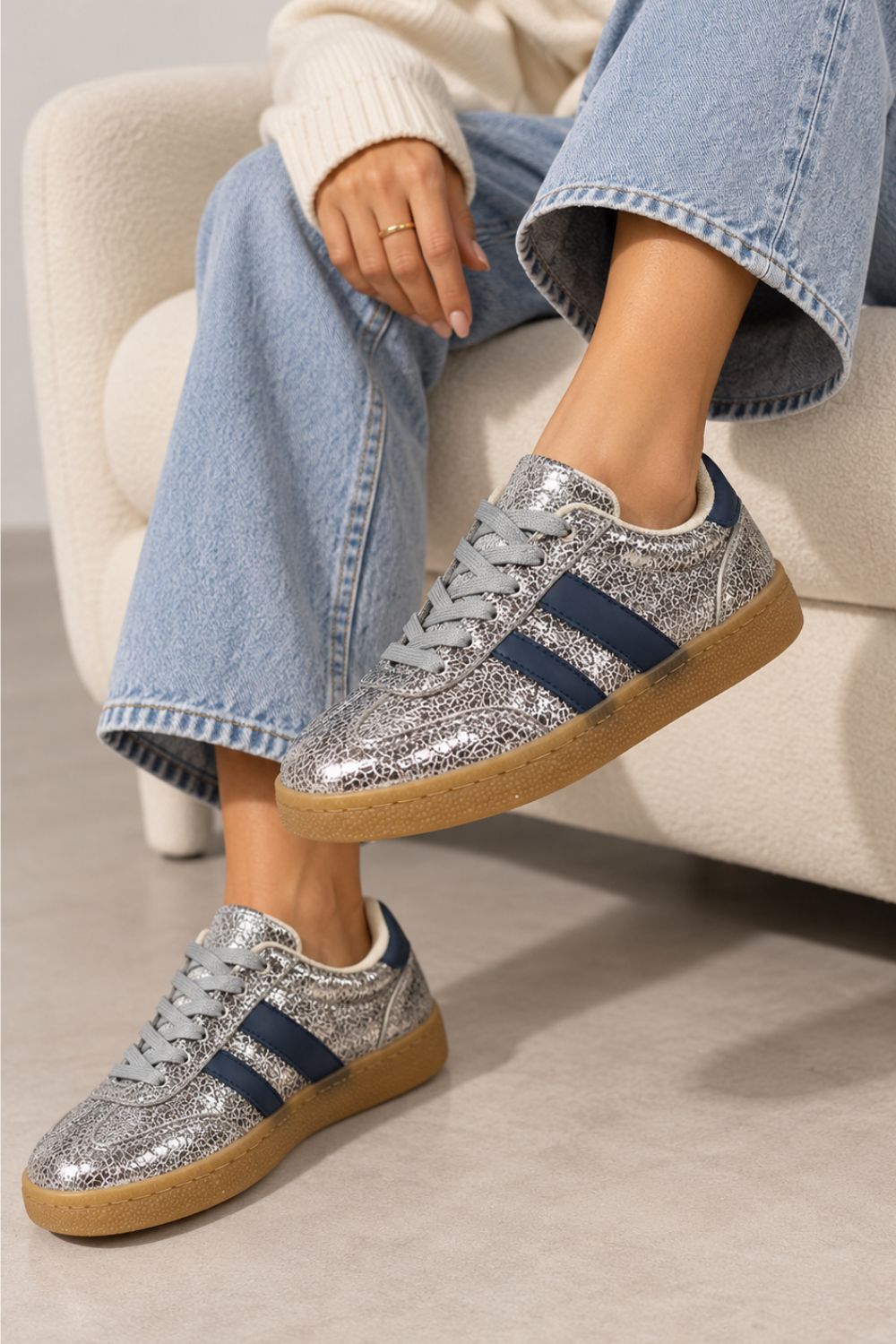 Gum Sole Contrast Stripe Sneakers In Silver | Wholesale