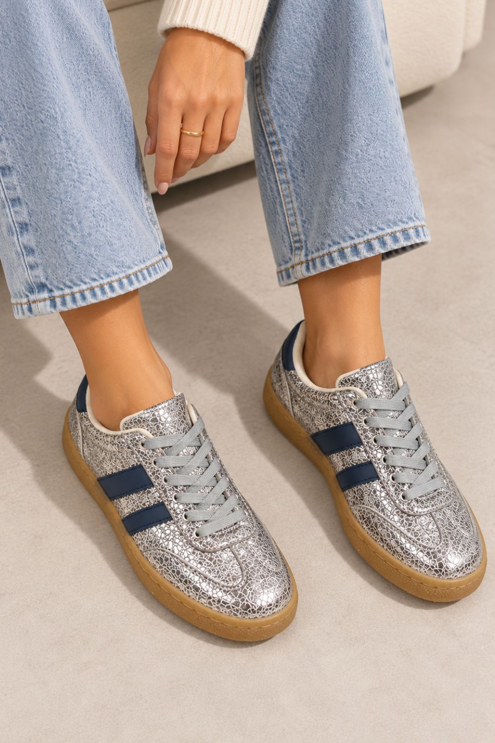 Gum Sole Contrast Stripe Sneakers In Silver | Wholesale