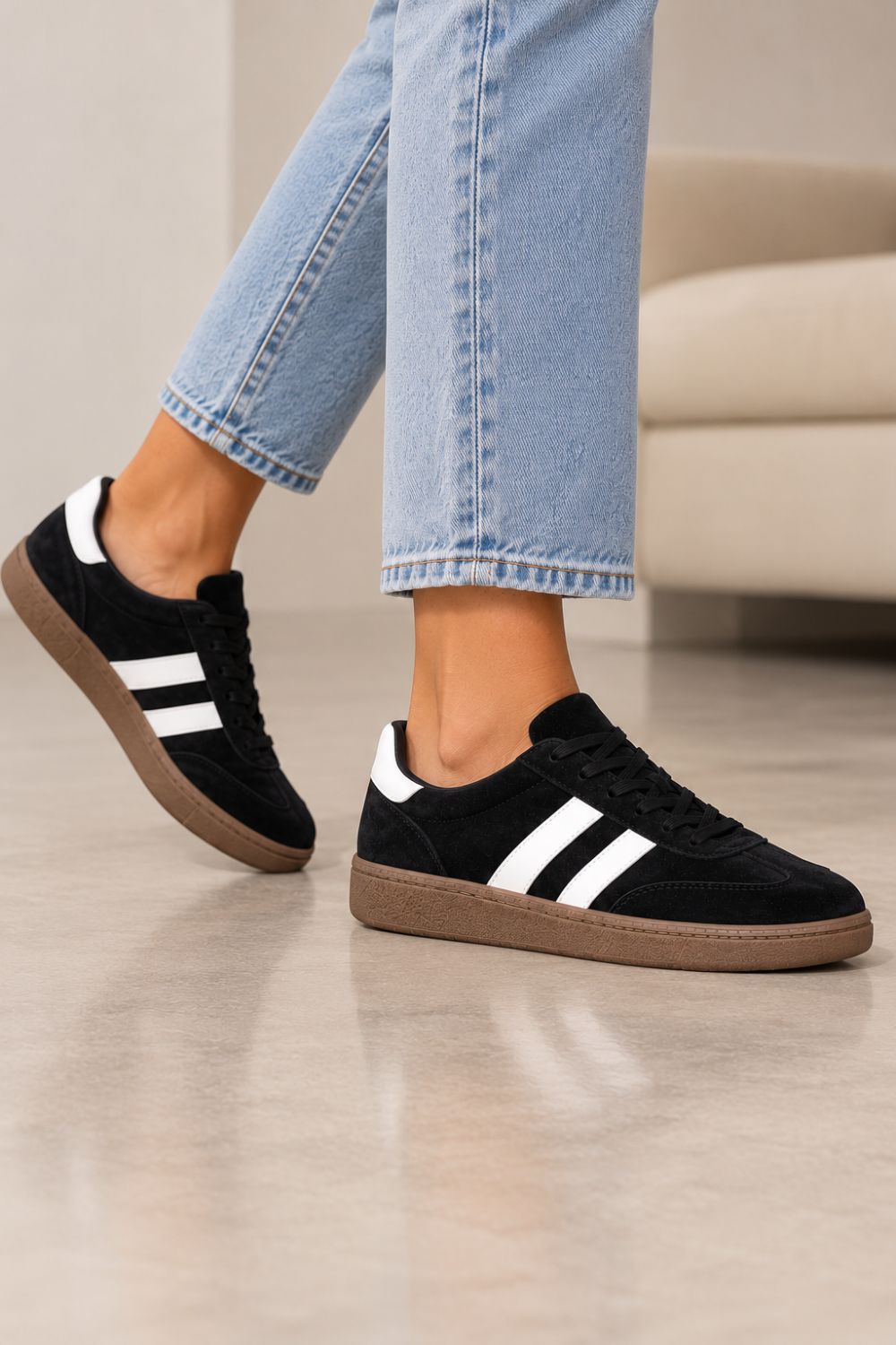 Gum Sole Contrast Stripe Sneakers In Black | Wholesale