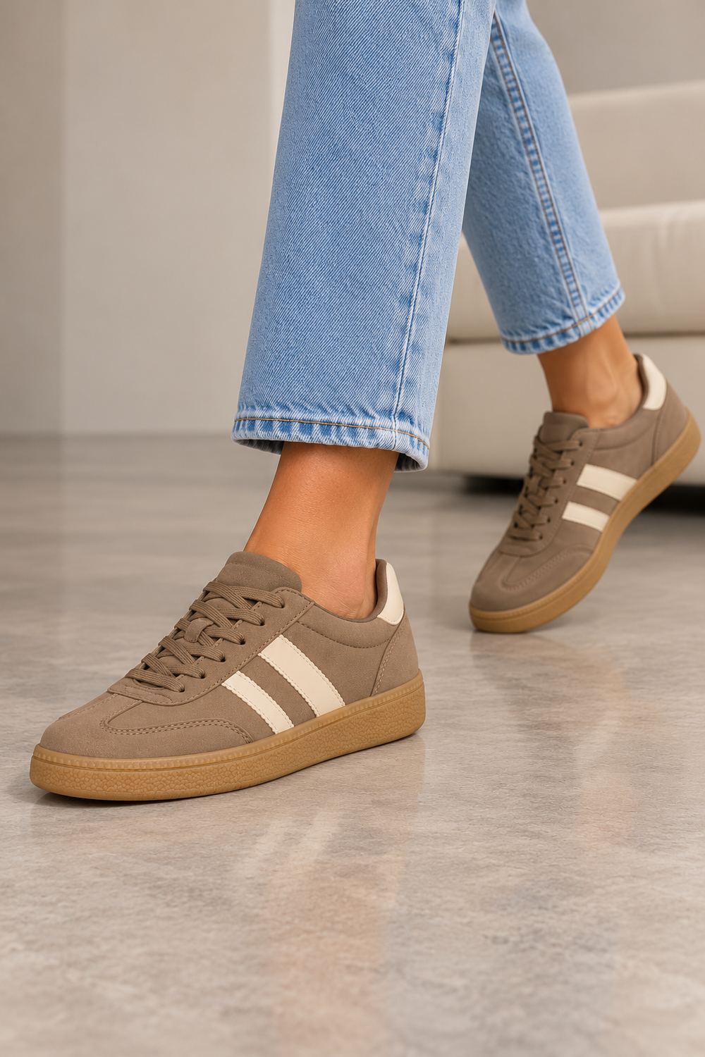 Gum Sole Contrast Stripe Sneakers In Khaki | Wholesale