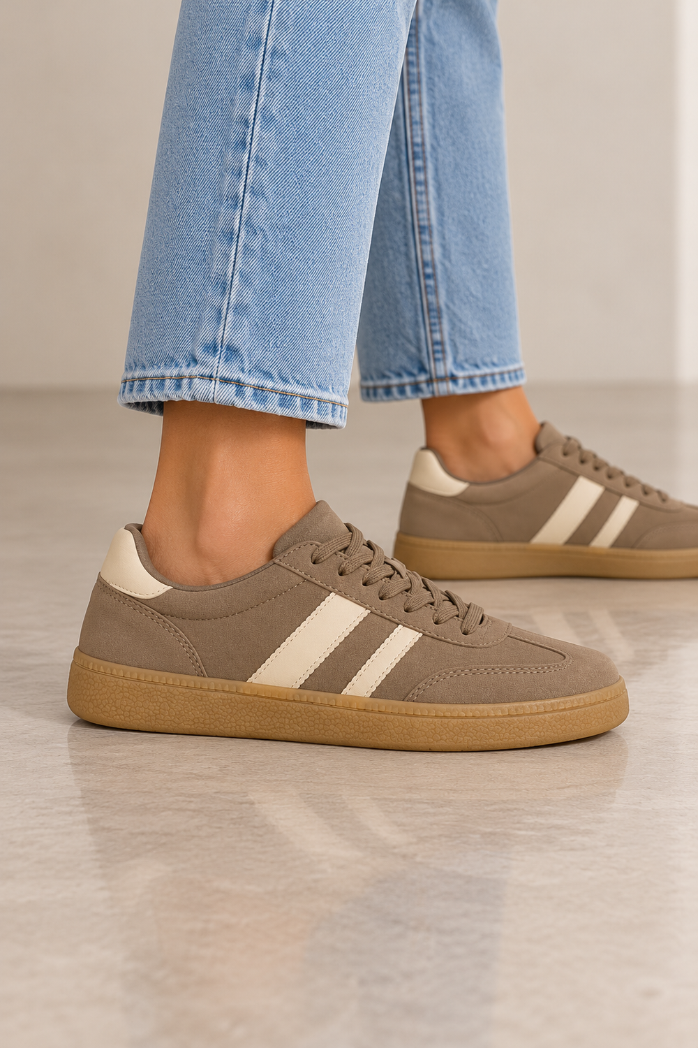 Gum Sole Contrast Stripe Sneakers In Khaki | Wholesale