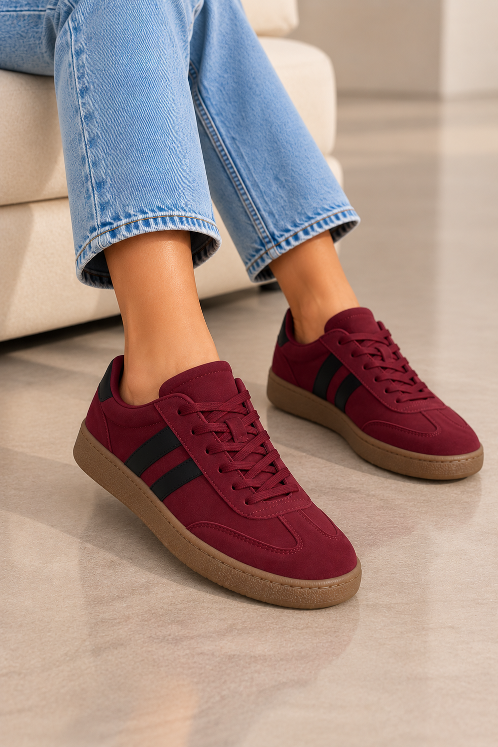 Gum Sole Contrast Stripe Sneakers In Wine | Wholesale