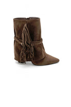 BROWN FAUX SUEDE FRINGE DETAIL BLOCK HEELED ANKLE BOOTS