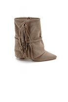 KHAKI FAUX SUEDE FRINGE DETAIL BLOCK HEELED ANKLE BOOTS