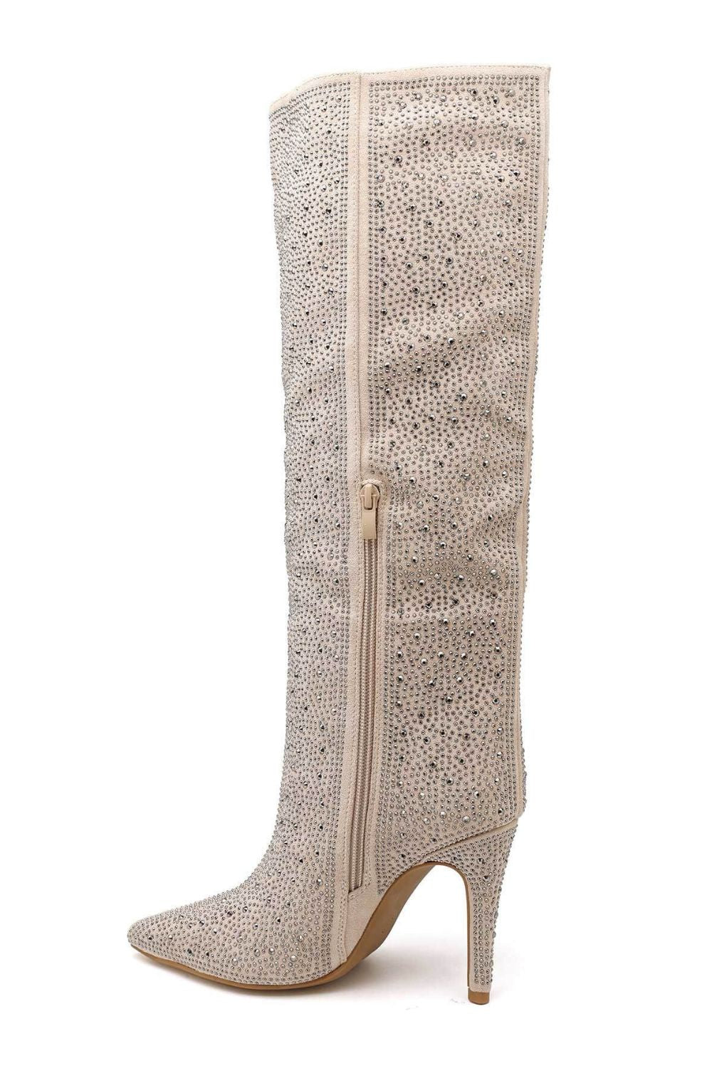 Beige Rhinestone Knee-High Pointed Toe Boots