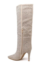 Beige Rhinestone Knee-High Pointed Toe Boots