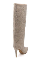 Beige Rhinestone Knee-High Pointed Toe Boots