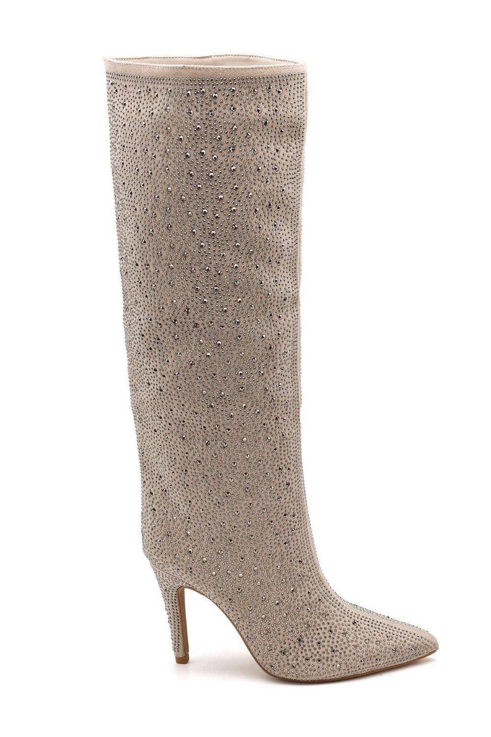 Beige Rhinestone Knee-High Pointed Toe Boots