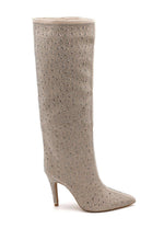 Beige Rhinestone Knee-High Pointed Toe Boots
