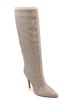 Beige Rhinestone Knee-High Pointed Toe Boots