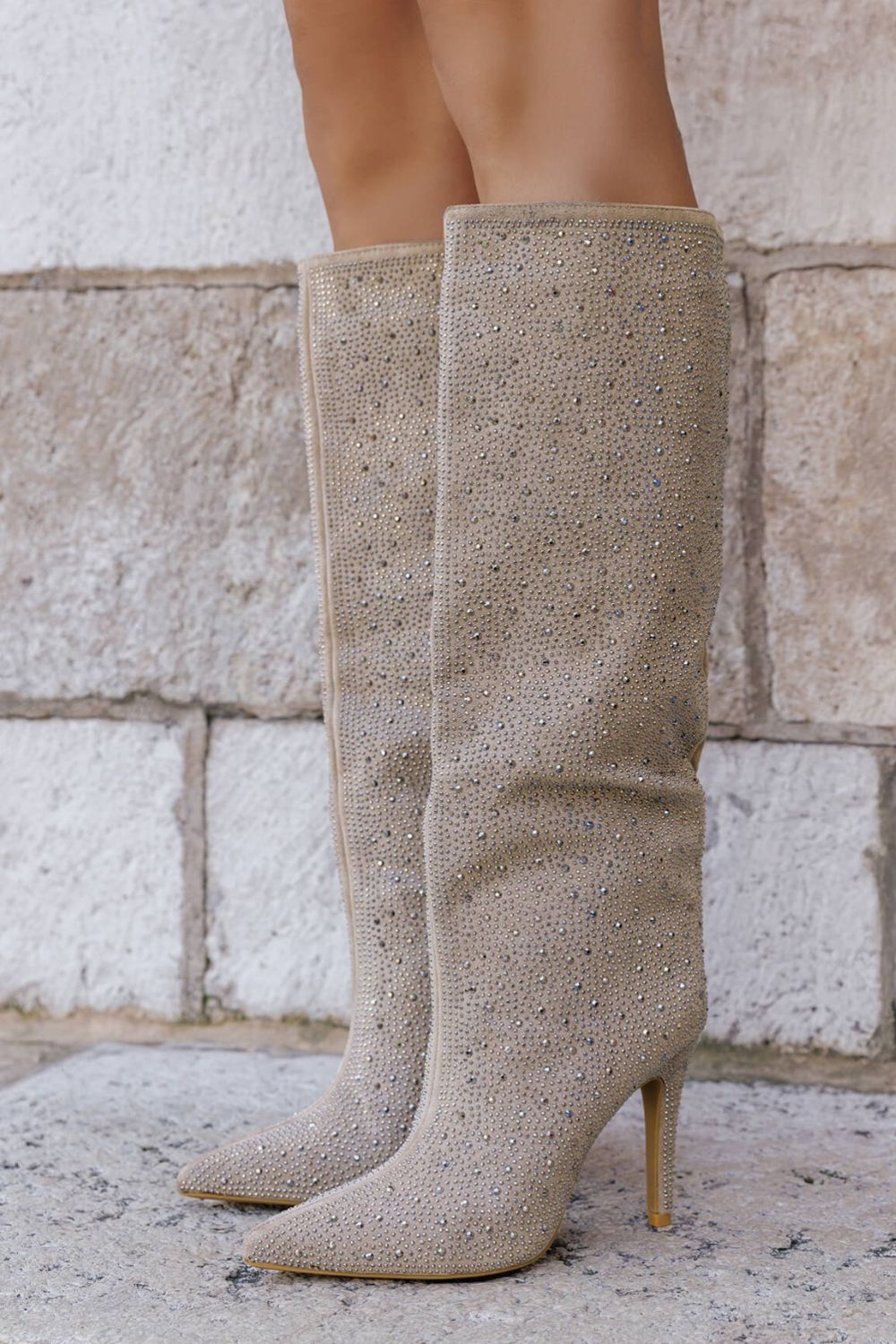 Beige Rhinestone Knee-High Pointed Toe Boots