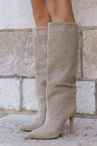 Beige Rhinestone Knee-High Pointed Toe Boots