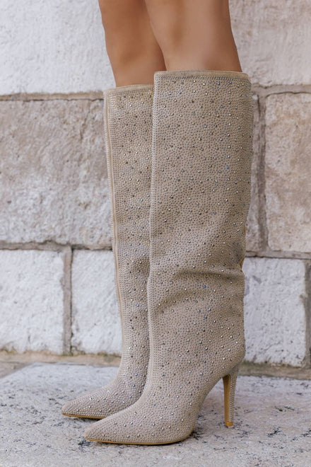 Beige Rhinestone Knee-High Pointed Toe Boots