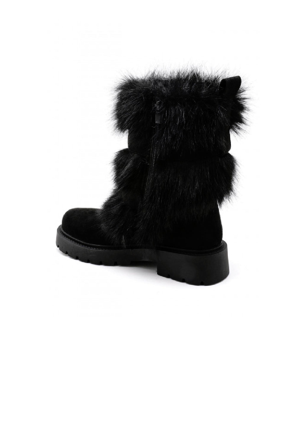 BLACK FAUX FUR DETAILING SIDE BUCKLE FLAT CHUNKY CALF ANKLE BOOTS