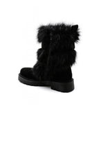 BLACK FAUX FUR DETAILING SIDE BUCKLE FLAT CHUNKY CALF ANKLE BOOTS