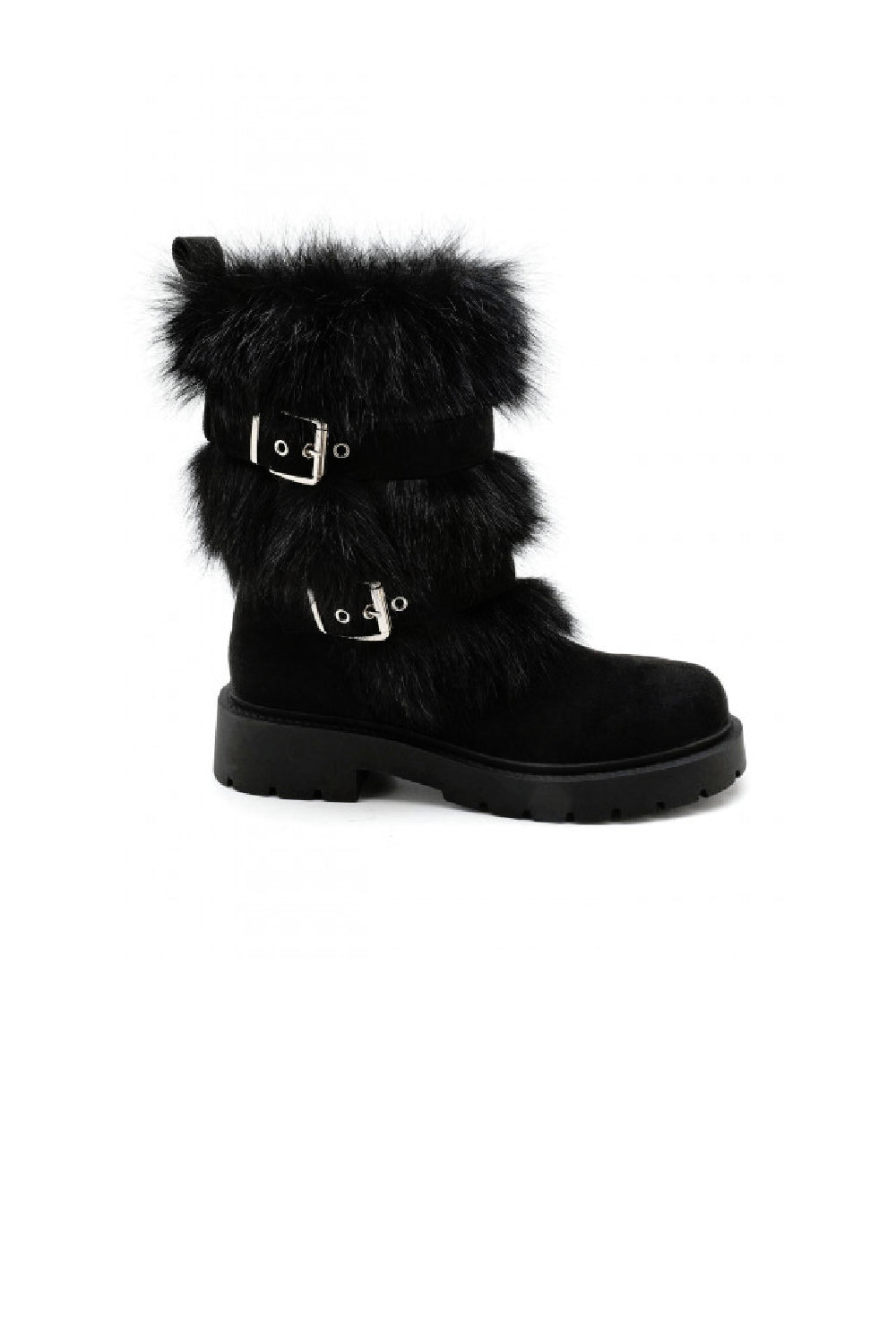 BLACK FAUX FUR DETAILING SIDE BUCKLE FLAT CHUNKY CALF ANKLE BOOTS