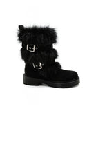 BLACK FAUX FUR DETAILING SIDE BUCKLE FLAT CHUNKY CALF ANKLE BOOTS