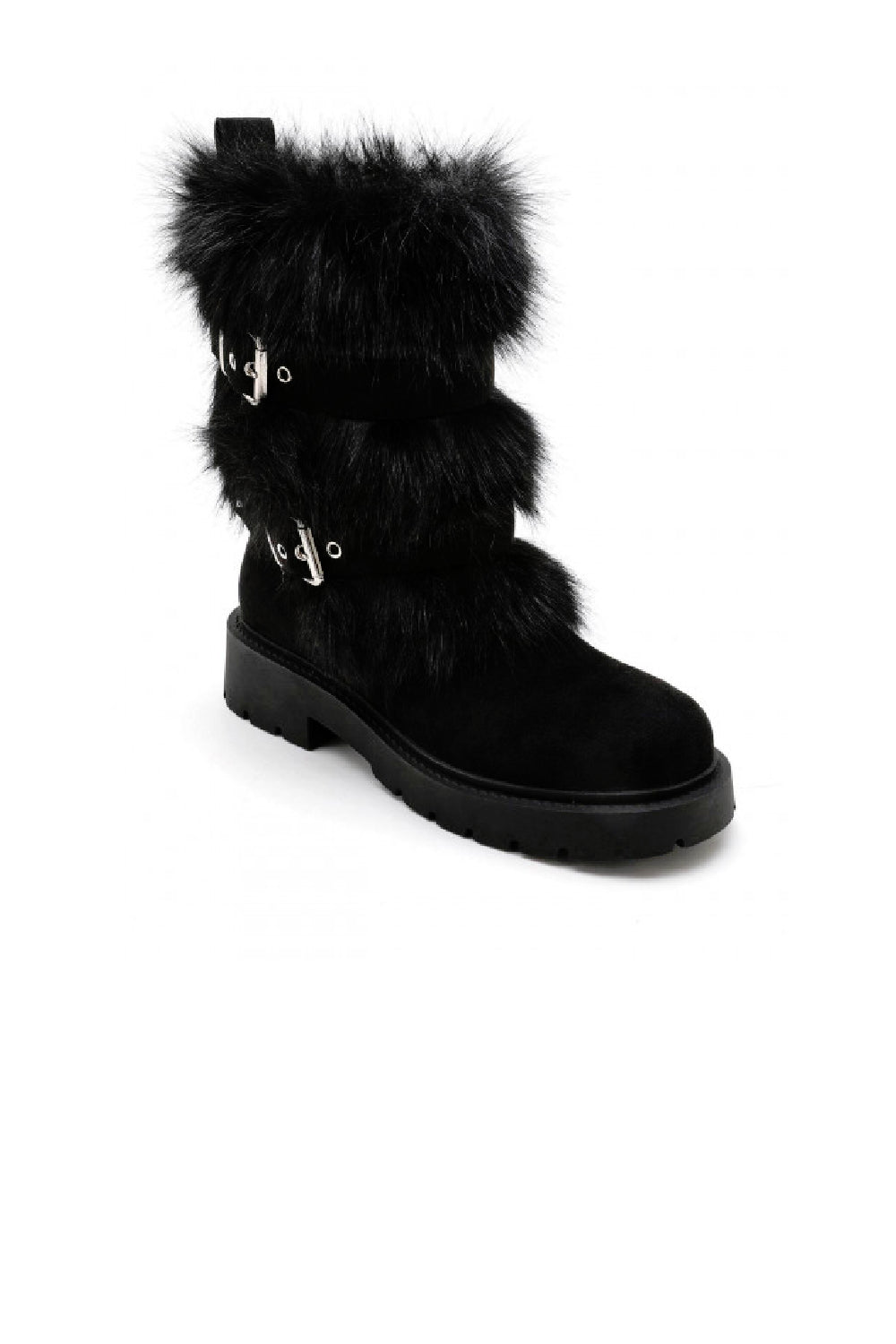 BLACK FAUX FUR DETAILING SIDE BUCKLE FLAT CHUNKY CALF ANKLE BOOTS