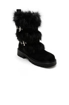 BLACK FAUX FUR DETAILING SIDE BUCKLE FLAT CHUNKY CALF ANKLE BOOTS