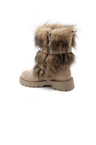 KHAKI FAUX FUR DETAILING SIDE BUCKLE FLAT CHUNKY CALF ANKLE BOOTS