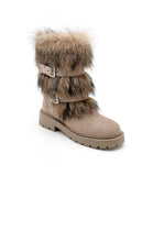 KHAKI FAUX FUR DETAILING SIDE BUCKLE FLAT CHUNKY CALF ANKLE BOOTS