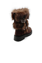 BROWN FAUX FUR DETAILING SIDE BUCKLE FLAT CHUNKY CALF ANKLE BOOTS