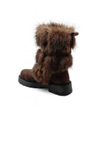 BROWN FAUX FUR DETAILING SIDE BUCKLE FLAT CHUNKY CALF ANKLE BOOTS