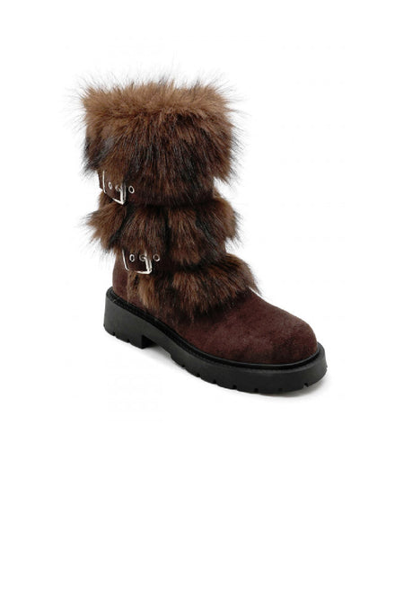 BROWN FAUX FUR DETAILING SIDE BUCKLE FLAT CHUNKY CALF ANKLE BOOTS