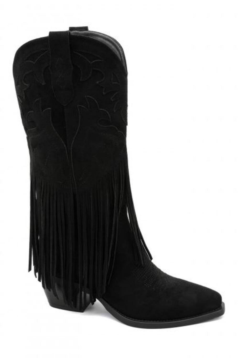 Black Suede Fringe Detail Mid-Calf Western Cowboy Boots