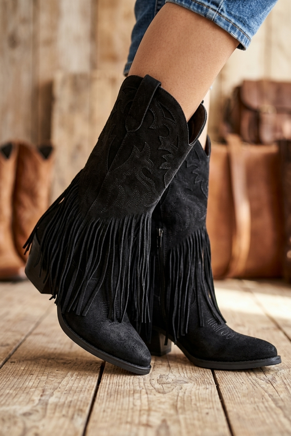 Black Suede Fringe Detail Mid-Calf Western Cowboy Boots