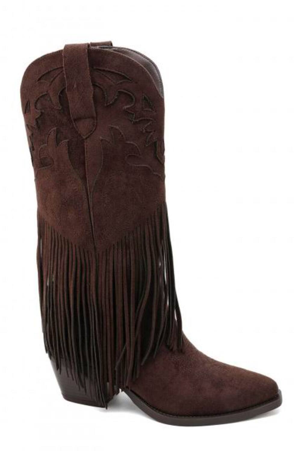 Brown Suede Fringe Detail Mid-Calf Western Cowboy Boots